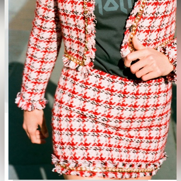 Mango Tweed mini-skirt with chain red pink plaid - Picture 3 of 12